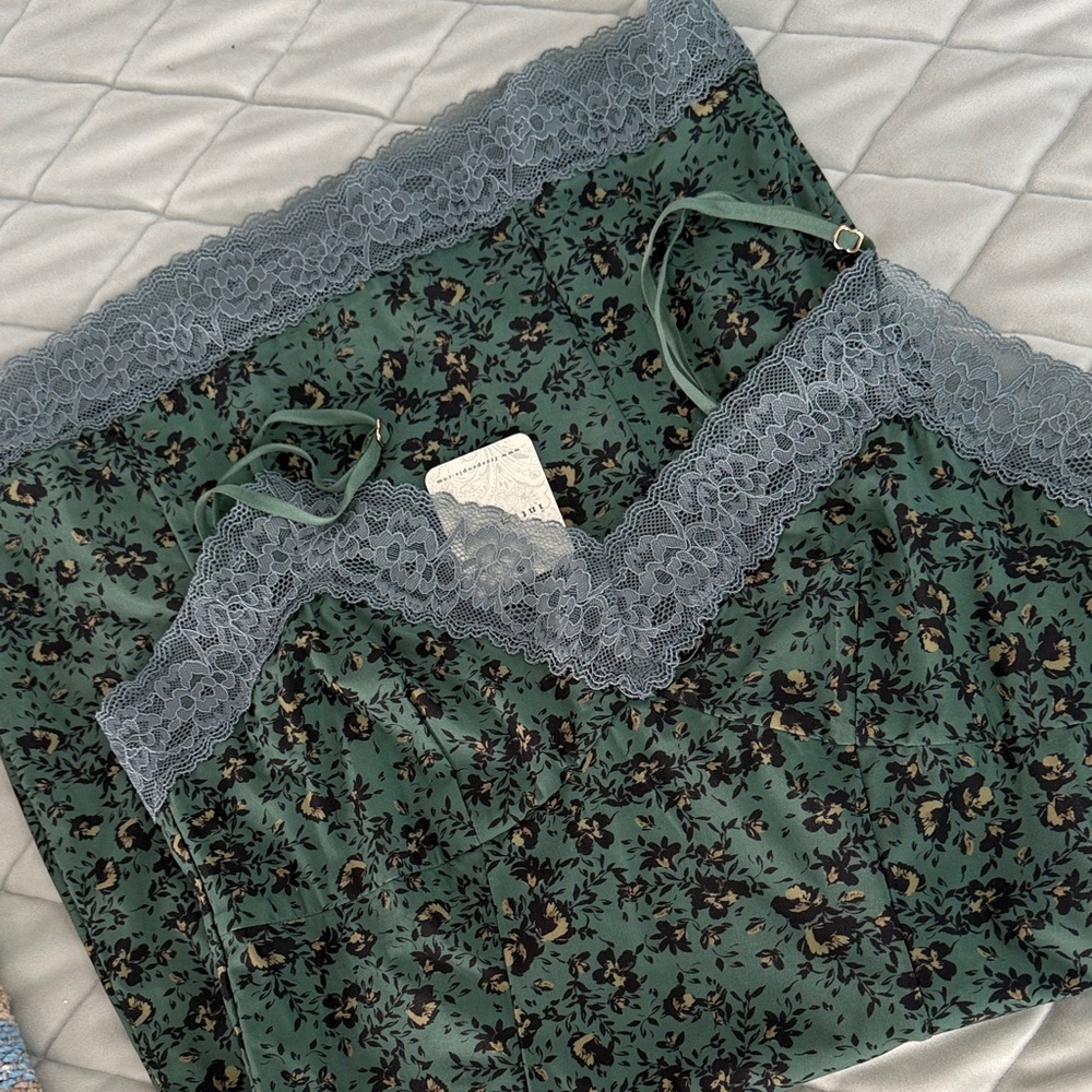 Free People Green Floral Chemise with Gray Lace